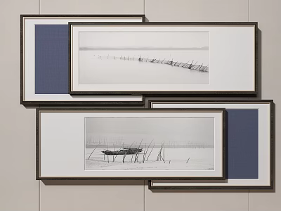 Framed Wall Art With Black And White Landscape Prints And Blue Panels 3d model