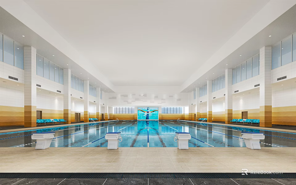 Indoor Swimming Pool with Spacious Lanes White Columns and Bright Seating Areas 3d model 