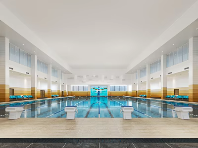 Indoor Swimming Pool with Spacious Lanes White Columns and Bright Seating Areas 3d model