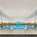 Indoor Swimming Pool with Spacious Lanes White Columns and Bright Seating Areas