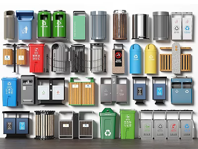 Assortment Of Public Trash Bins In Diverse Styles And Sizes 3d model