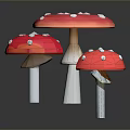 Decorative Scene With Three Red Mushroom Sculptures White Spots And Stems