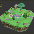 Low Poly Cartoon Scene With Green Grass Trees Stream Rocks And Fence 3d model