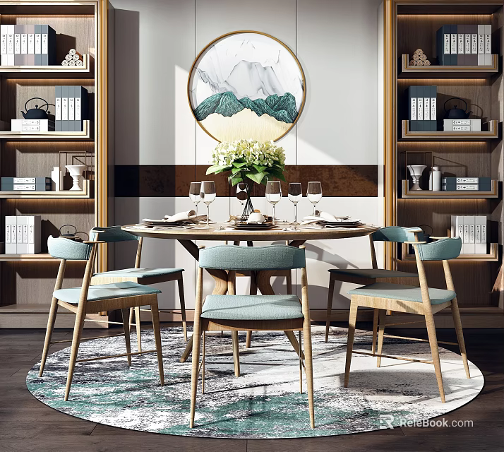 Elegant Round Dining Table Set With Light Blue Cushioned Chairs Vase Flowers And Landscape Painting 3d model 
