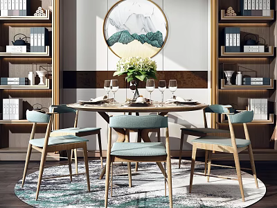 Elegant Round Dining Table Set With Light Blue Cushioned Chairs Vase Flowers And Landscape Painting 3d model