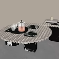 Modern Round Coffee Table With Grid Design Black Marble Legs And Matching Side Table 3d model
