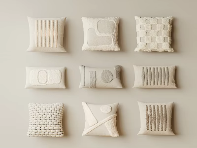 Neutral Tone Decorative Pillows with Textured Patterns Woven Details Arranged in Three Rows Three Columns 3d model