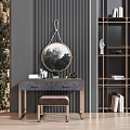 Modern Gray Dressing Table With Round Mirror Stool Drawer And Bookshelf Decorations 3d model