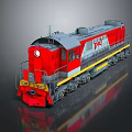 Red and Gray TEM Train Model With Yellow Stripe Wheels On Reflective Surface 3d model