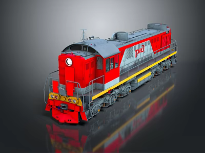 Red and Gray TEM Train Model With Yellow Stripe Wheels On Reflective Surface 3d model