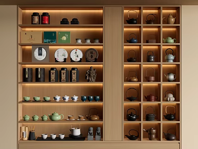 Chinese Style Wooden Display Cabinet With Neatly Arranged Tea Sets Teapots Cups And Canisters 3d model