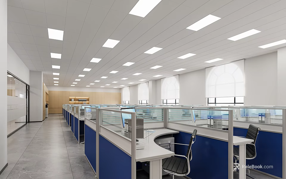 Bright Public Office Space With Cubicles Computers Chairs Ceiling Lights And Windows 3d model