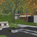 Tranquil Garden Landscape with Yellow Leaf Trees Stone Benches Paved Area and Trimmed Hedges
