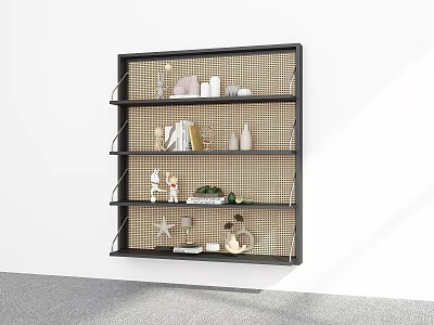 Modern Wall Mounted Bookshelf With Grid Design And Decorative Books Figurines 3d model