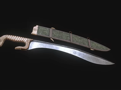 Antique Decorative Sword With Silver Blade Woven Textured Handle Green Sheath And Metal Accents 3d model