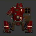 Red Mechanical Robot With Weapon And Reflective Metal Body Surfaces