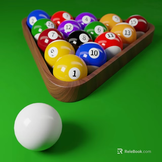 Billiard Room With Colorful Balls In Wooden Rack And White Cue Ball On Green Felt 3d model 