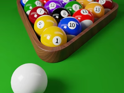 Billiard Room With Colorful Balls In Wooden Rack And White Cue Ball On Green Felt 3d model