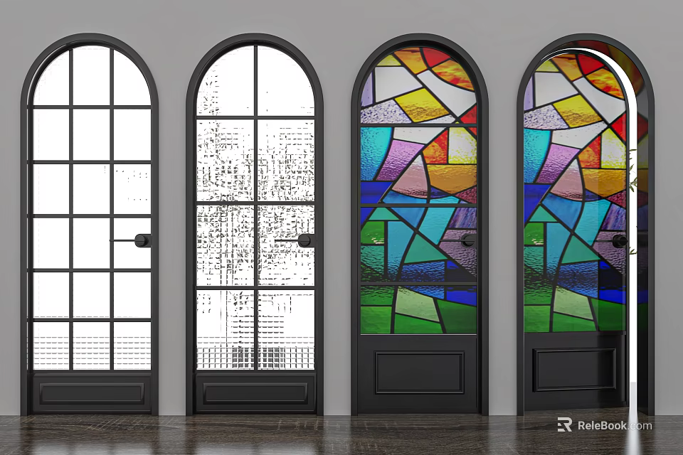Arched Swing Doors With Black Frames Clear Glass And Stained Glass Panels 3d model 