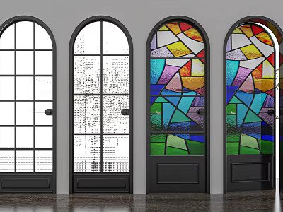 Arched Swing Doors With Black Frames Clear Glass And Stained Glass Panels 3d model