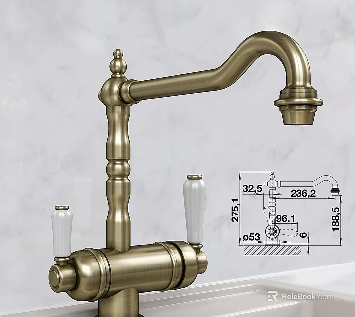 Classical Design Brass Faucet With Double Handles And Detailed Dimension Specifications 3d model
