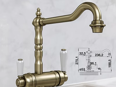 Classical Design Brass Faucet With Double Handles And Detailed Dimension Specifications 3d model