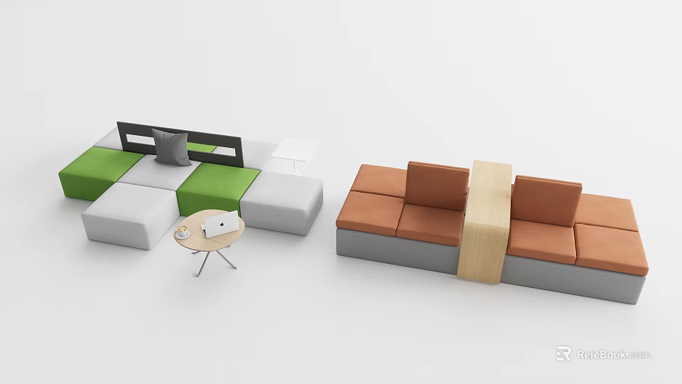 Modern Modular Sectional Sofa with Green White Gray Brown Upholstery Wooden Connecting Accent 3d model 
