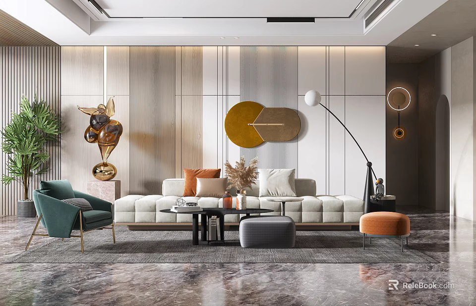 Luxury Modern Living Room Interior With White Sofa Green Chair Orange Ottoman And Marble Floor 3d model 