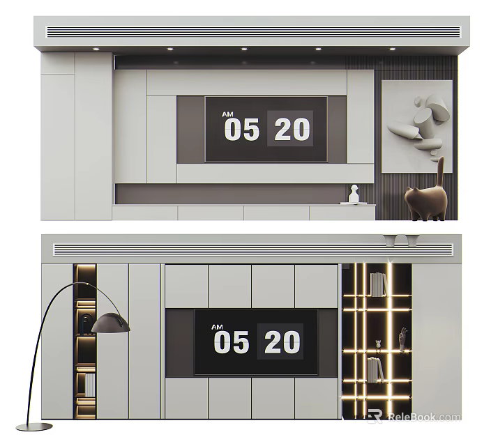 Modern TV Background Wall With Built in Cabinets And Digital Clock 3d model