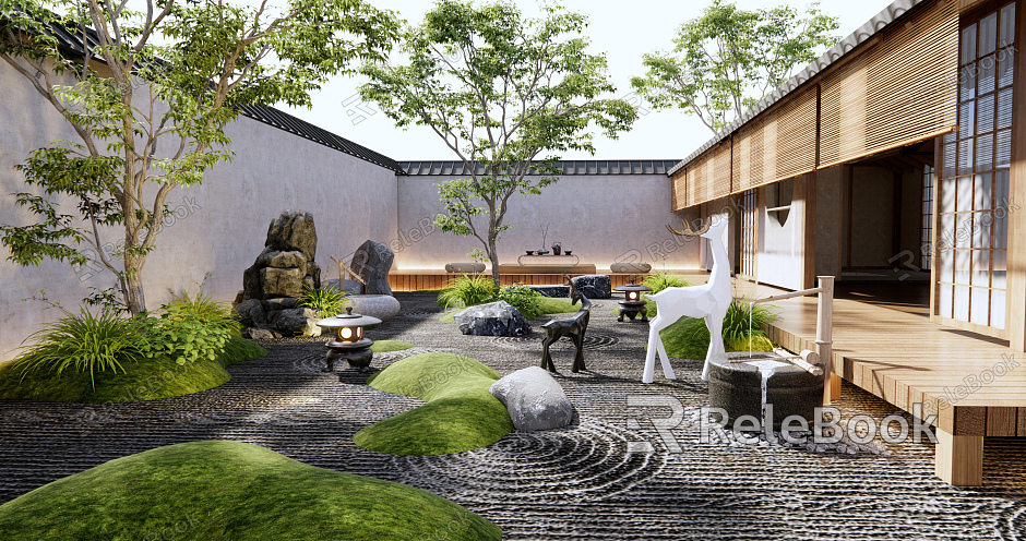 Japanese Courtyard Home Courtyard Landscape model