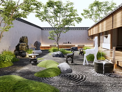Traditional Japanese Courtyard Garden With Stones Trees Grass Lanterns And Deer Sculpture 3d model