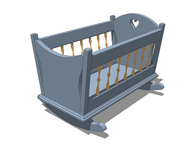 Blue Rocking Baby Crib With Golden Railings And Heart Shaped Design 3d model