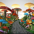 Enchanting Colorful Mushroom Landscape Sculptures Along Stone Path With Greenery