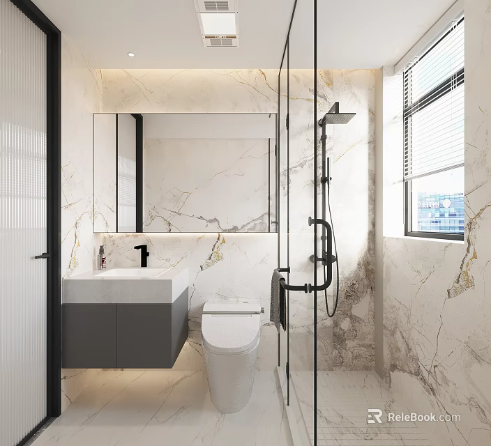 Modern Bathroom Interior With Marble Walls Glass Shower Gray Vanity And White Toilet 3d model 