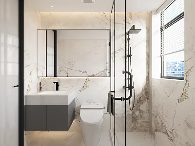 Modern Bathroom Interior With Marble Walls Glass Shower Gray Vanity And White Toilet 3d model