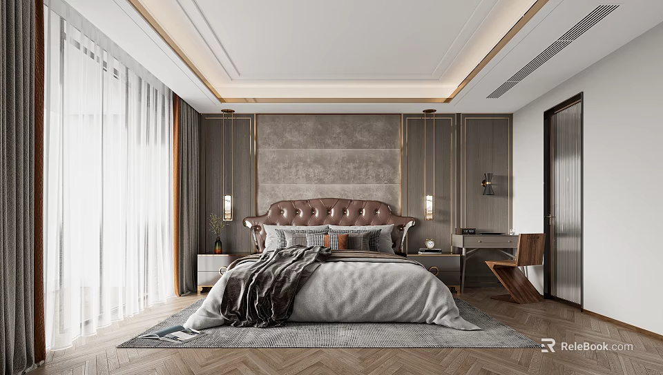 Elegant Modern Bedroom Interior With Upholstered Headboard Nightstand Curtains And Herringbone Floor Rug 3d model 