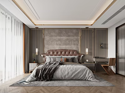 Elegant Modern Bedroom Interior With Upholstered Headboard Nightstand Curtains And Herringbone Floor Rug 3d model