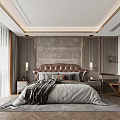 Elegant Modern Bedroom Interior With Upholstered Headboard Nightstand Curtains And Herringbone Floor Rug