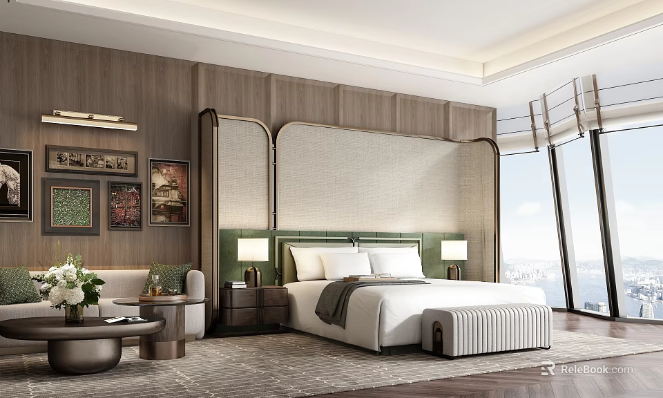 Hotel Room Modern Interior With Comfortable Bed And City View Windows 3d model