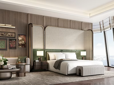 Hotel Room Modern Interior With Comfortable Bed And City View Windows 3d model