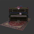 Dark Brown Piano On Red Patterned Rug With Photo Frame Small Plant And Music Sheet