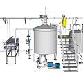 Industrial Equipment Setup With Stainless Steel Containers Pipes Ladders Green Valves And Blue Barrels