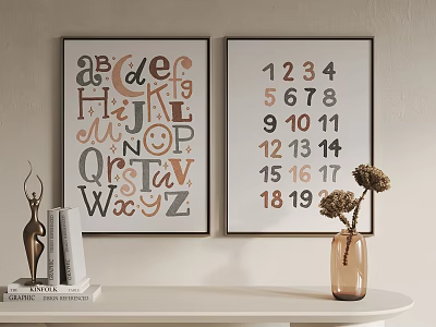 Alphabet and Number Wall Art Decor with Decorative Table Books Sculpture Vase and Dried Flowers 3d model
