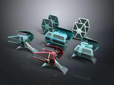 Detailed Sci-Fi Spaceship Models with Blue and Red Colors and Hexagon Shaped Designs 3d model