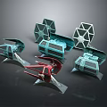 Detailed Sci-Fi Spaceship Models with Blue and Red Colors and Hexagon Shaped Designs