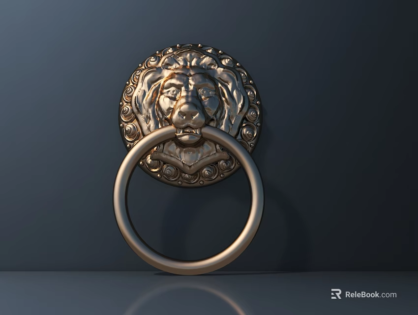 Golden Lion Head Door Knocker With Ornate Design On Dark Background 3d model 