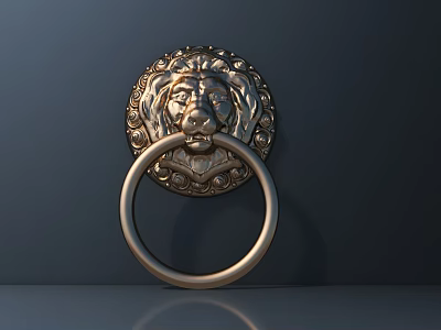 Golden Lion Head Door Knocker With Ornate Design On Dark Background 3d model