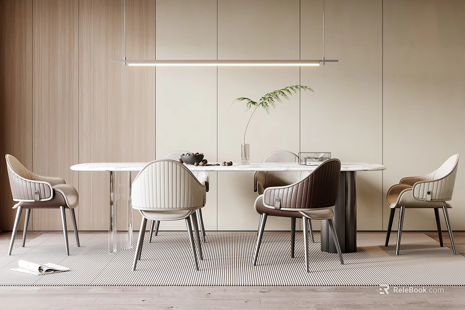 Modern Dining Table Set With Designer Chairs Hanging Light And Green Plant Decoration 3d model 