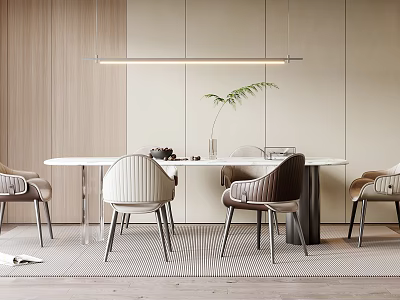 Modern Dining Table Set With Designer Chairs Hanging Light And Green Plant Decoration 3d model