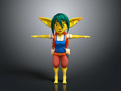 Game Movie Character Green Hair Yellow Skin Large Ears Blue Vest Red Shorts Arms Outstretched 3d model
